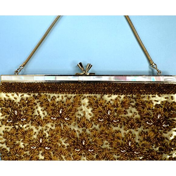 Vintage Gold Beaded Evening Bag w/Mother of Pearl Inlay - Bags By Debbie HK - Picture 8 of 8